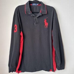 Polo Ralph Lauren Polo Shirt Mens XLT Black Red Big Pony Rugby Long Sleeve 3